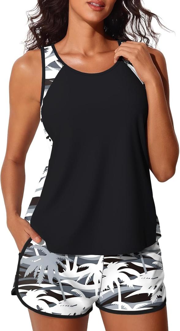 Summer Mae Blouson Tankini Swimsuits for Women 2026 Tummy Control Two Piece Bathing Suits with Sporty Pockets Swim Shorts (12, Wavy Palm)