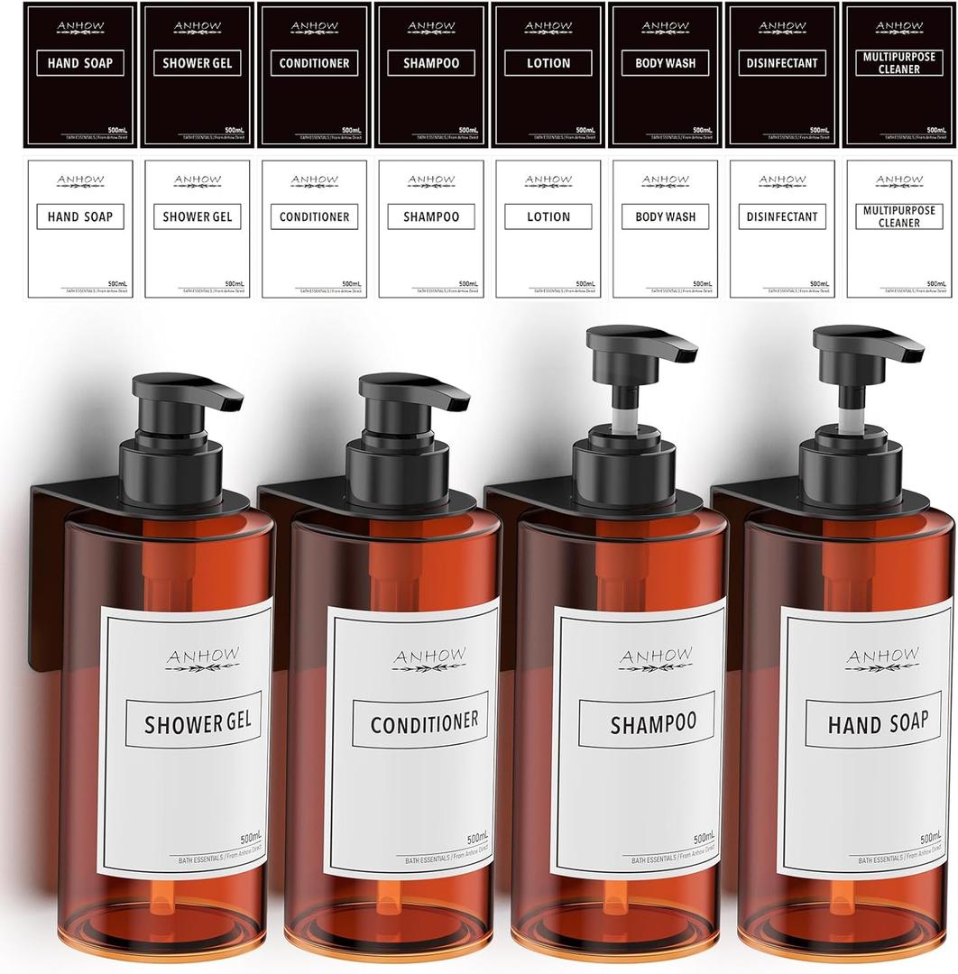 Shampoo and Conditioner Dispenser (Set of 4/16.9oz), No Drill Soap Dispenser Wall Mount Refillable Body Wash Dispenser with Category Labels for Kitchen Bathroom - Amber