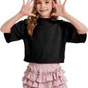 Girls Short Sleeve Sweater Kids Summer Oversized Cropped Sweaters Casual Crewneck Lightweight Knit Tops 5-14Y (Black)