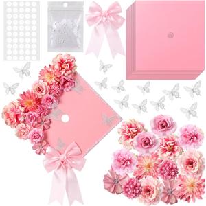 MotiMind 41 Pcs Pink DIY Graduation Cap Decoration Kit, Grad Cap Decorations Grad Hat Topper Faux Assorted Flowers Bows 3D Cream Construction Paper Butterfly Stickers Pearl Adhesive Dots