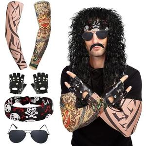7 Pcs Rocker Costume Men's Wigs Black Curls Disco Men's Party Costume Men with Wigs Sunglasses Beards Sleeves Gloves Headscarves for 70s 80s 90s