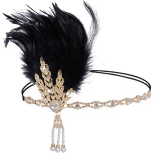 Tongcloud 1920s Flapper Feather Headband Roaring 20s Gatsby Headpiece Women's 1920s Headband Flapper Feather Headpiece (Black)