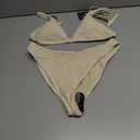 ZAFUL Women's Sexy Two Piece Swimwear Textured Triangle Plunging Neck High Cut Cheeky Bikini Set Solid Color Swimsuit (Large, Beige)