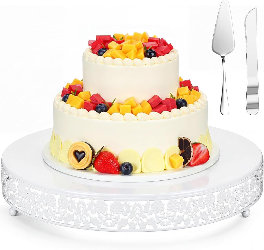 Wenqik 16 Inch White Cake Stand Set Metal Round Cupcake Dessert Stand with Cake Cutting, Flower Spatula Wedding Cupcake Pastry Display Candy Holder Display for Wedding Party Birthday Baby Shower