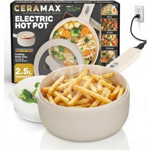 Ceramax PRO 2.5L Electric Hot Pot with Lid & Steamer, All in 1 Non Toxic Ceramic Cooker Skillet Hotpot and Deep Fryer Pot for Ramen, for Dorms, Camping, RVs, Adjustable Temp. - New Improved 2026 Model