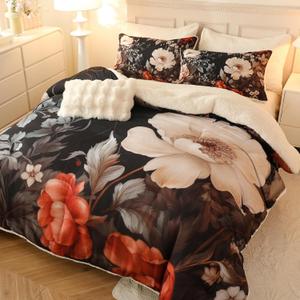 Floral Print Sherpa Comforter Set - Blooming Flower Black Colorful Botanical Bedding Set 3 Pieces Warm Cozy Quilt with 2 Pillowcases, Queen Size 90x90 in