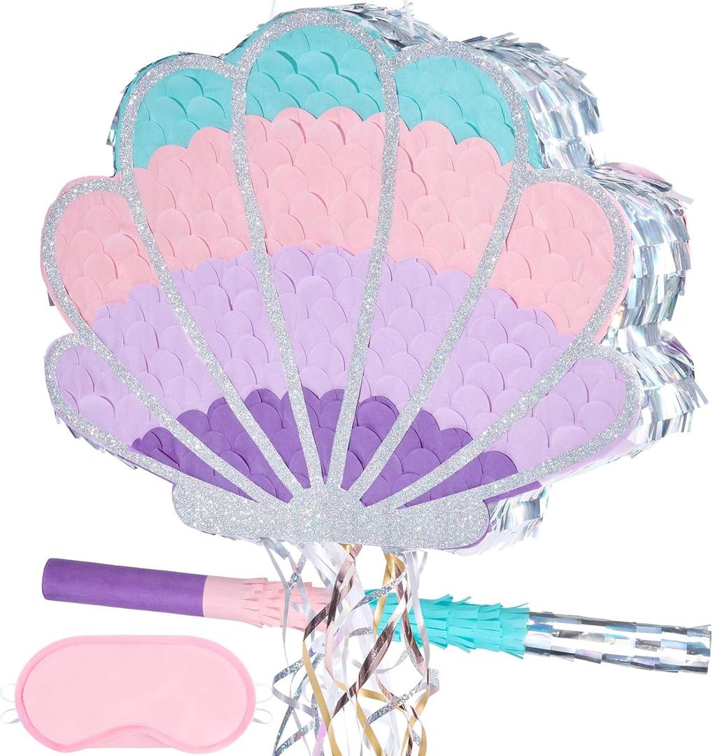 Wernnsai Mermaid Seashell Piata - Pink Shellfish Pinatas for Kids Girls Birthday Mermaid Princess Party Decorations Under The Sea Ocean Theme Party Games With Bat Blindfold 16 x 12.5" x 3"