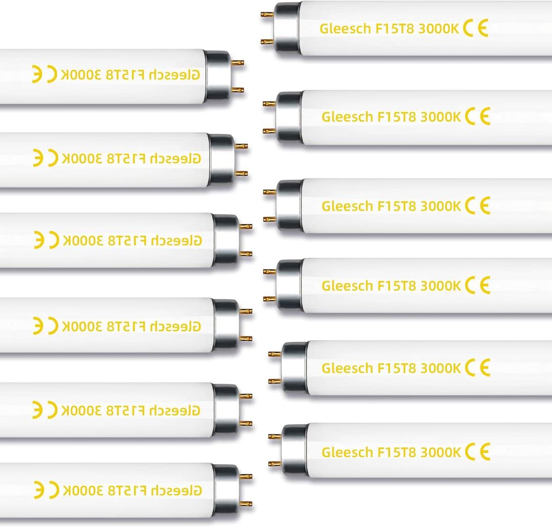 15W 18" T8 Fluorescent Linear Tube Bulb F15T8/WW Warm White Light 3000K Medium Bi-Pin G13 Base 12 Pack