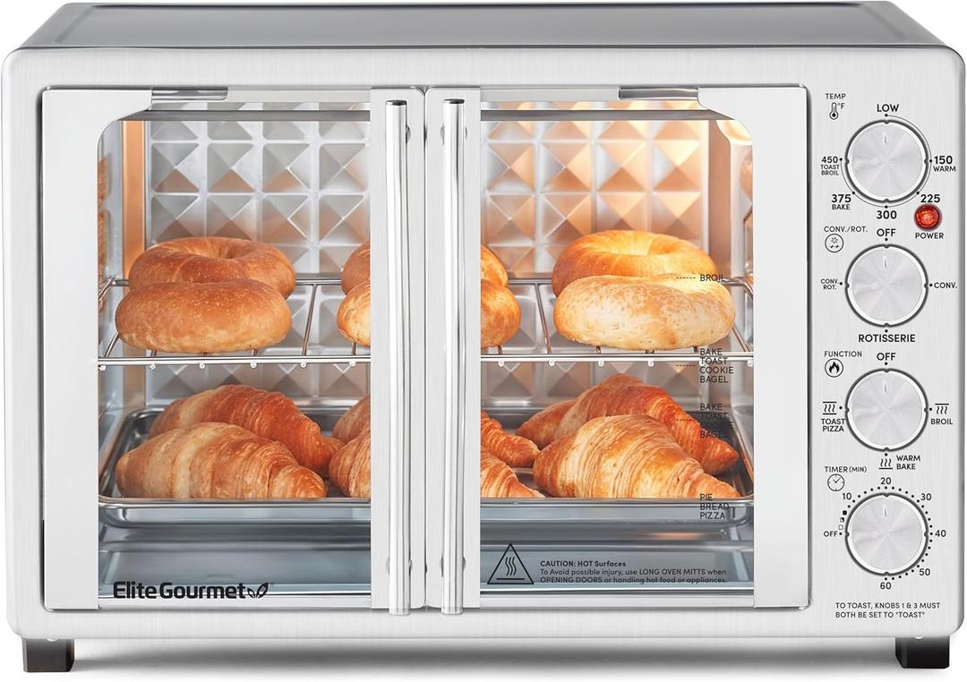 Elite Gourmet ETO4524 45L Countertop Convection Toaster Oven, French Doors, Adjustable Temperature & Timer, Bake, Roast, Broil, Toast, Includes Baking Pan, Rack, Rotisserie, Stainless Steel