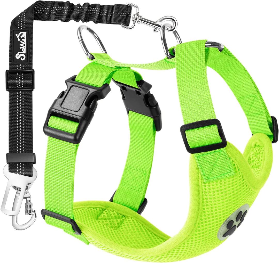 SlowTon Dog Car Harness Seat Belt Set, Dog Vest Harness Adjustable Mesh Breathable & Vehicle Safety Seatbelt Tether with Elastic Bungee for Small Medium Large Pets (Lime Green, M)
