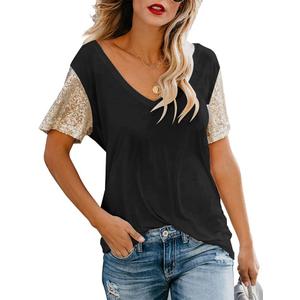 Topstype Women's Sequin Short Sleeve Tee V Neck T Shirts Glitter Sparkles Loose Blouse Tops (XXLarge)