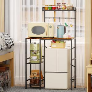 Mini Fridge Stand with Storage Shelves, Kitchen Bakers Rack, Coffee Bar, Microwave Oven Stand, Wine Cabinet, Refrigerator Stand with 5 Lockable S Hooks for Dorm, Apartment, Living Room, Office (Upgrade)