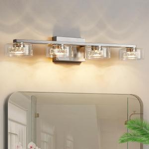 Bathroom Light Fixtures, Dimmable LED 4 Light Bathroom Vanity Light Over Mirror, Modern Crystal Brushed Nickel Vanity Lights with Clear Glass Shade for Bedroom Living Room