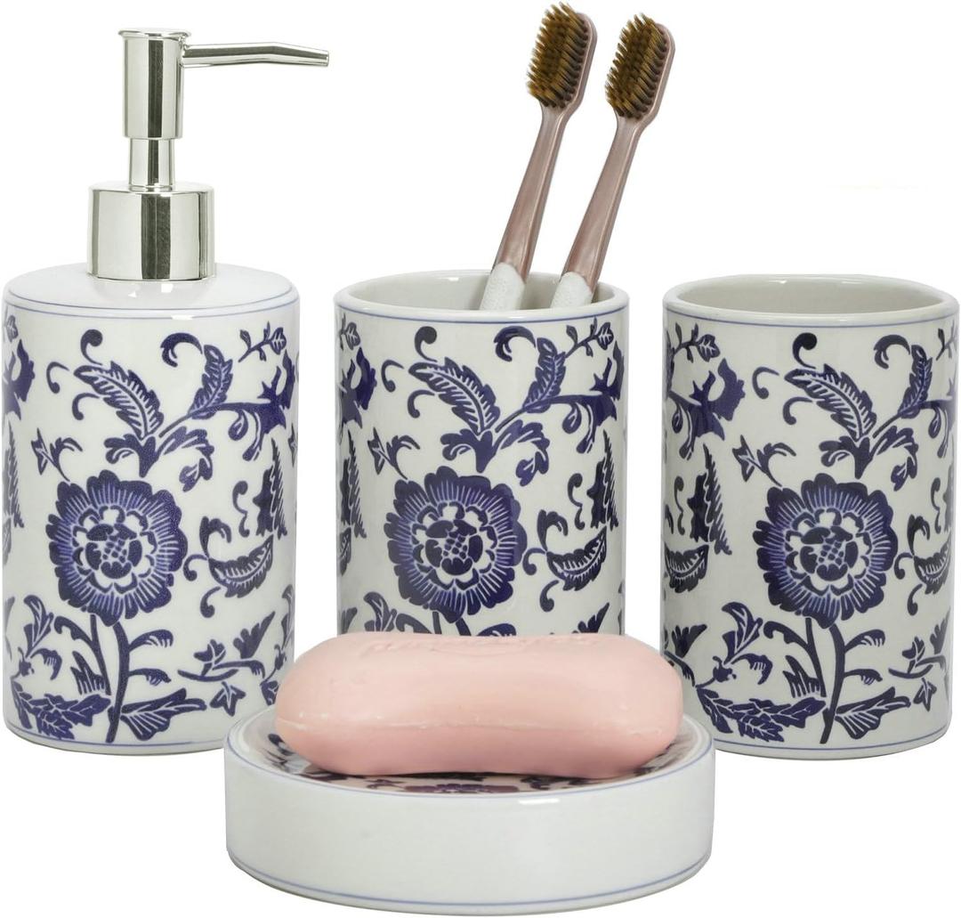 Chinese Blue and White Porcelain Bathroom Set  4-Piece Ceramic Bath Accessory Set with Lotion Dispenser, Toothbrush Holder, Tumbler, and Soap Dish