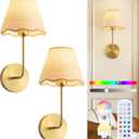 ADISUN Battery Operated Wall Sconce Set of 2, Gold Wall Lamps for Living Room, Rechargeable Bulbs, RGB. Rattan Shade Wireless Wall Lights for Bedroom Living Room Hallway Kitchen(Bulbs Included)