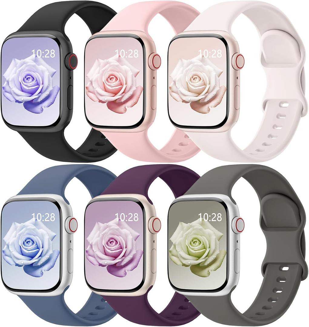 6 Pack Sport Bands Compatible with Apple Watch Bands 38mm 40mm 41mm 42mm 44mm 45mm 46mm 49mm for Women Men, Soft Wristband Silicone Sport Strap for iWatch Bands Series 11 10 9 8 7 6 5 4 3 2 1 Ultra SE