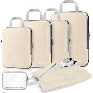 Gonex Compression Packing Cubes, 3pcs/4pcs Expandable Storage Travel Luggage Bags Organizers (6PCS (XL+2L+M+Shoe Bag+Toiletry Bag), 6PCS Cream)