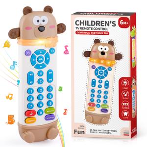 Baby Remote Control Toy with Silicone Teether, Realistic Lights & Sounds, 3 Languages (English, Spanish & French), Baby Musical Toys Gifts for Boys Girls 6 Month+ (Brown Bear)