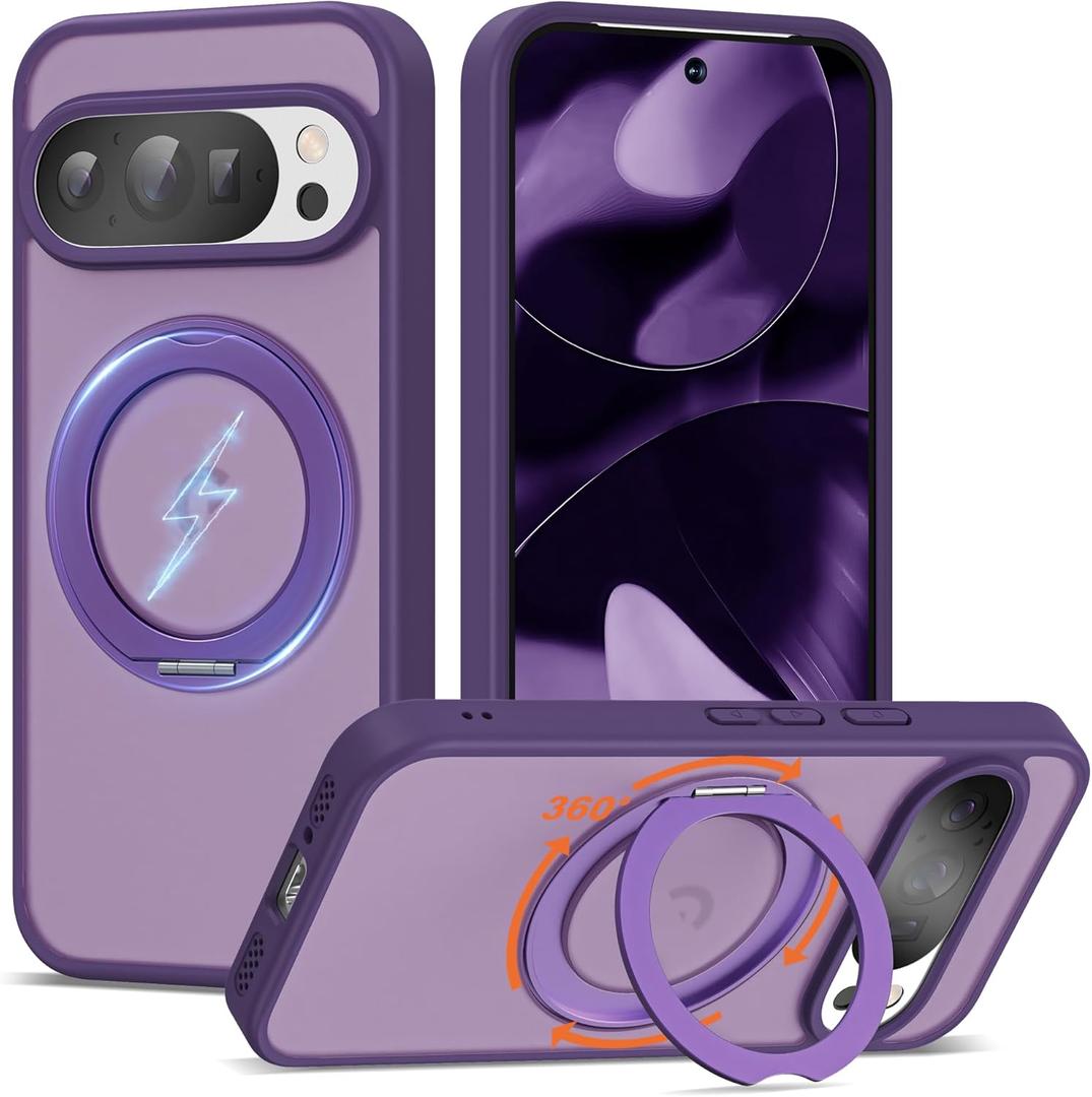 Compatible with Google Pixel 9/Pixel 9 Pro Case with 360 Magnetic Ring Stand [Compatible with Mag-Safe] Shockproof Translucent Phone Case for Google Pixel 9/Pixel 9 Pro 6.3", Purple