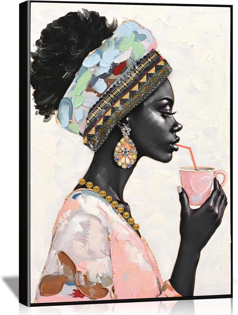 DRLWGTY Framed Elegant Black Woman Wall Art Modern Portrait Painting with Hand-Applied Gemstone Details, Large Canvas Artwork for Bedroom Living Room,Ready to Hang, 36"L x 24"W