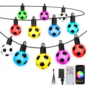 Soccer 50 FT Smart Outdoor String Lights Waterproof, 15 RGBW LED Bulbs 16 Million Colors with App & Remote Control for World Cup Decorations 2026