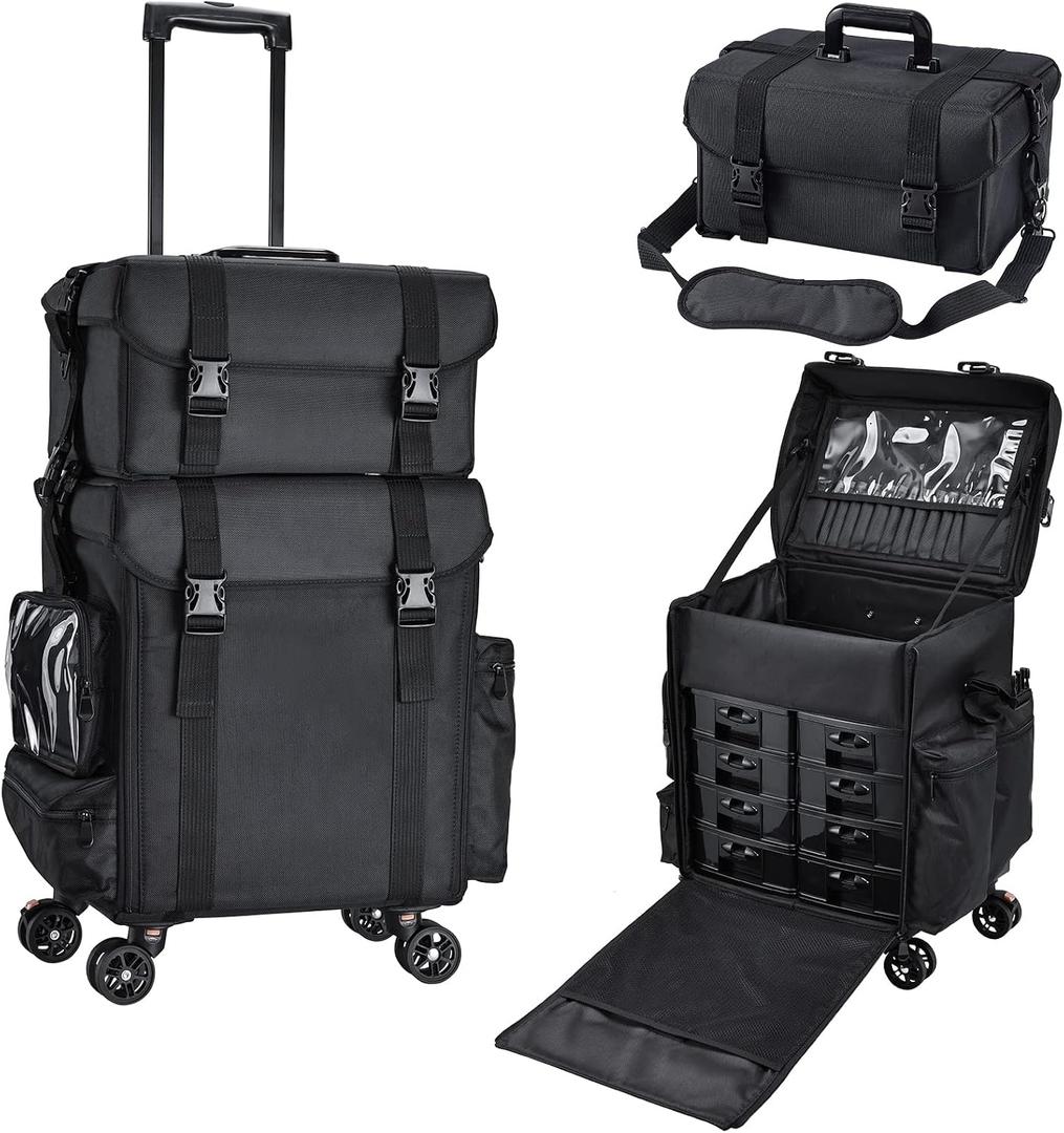 Stagiant Professional Rolling Makeup Case Soft Sided Cosmetology Organizer Wheeled Nylon Train Case Portable Travel Supply Station for Makeup Artist Nail Technician Hair Stylist Crafters (EXP 05/24/29)