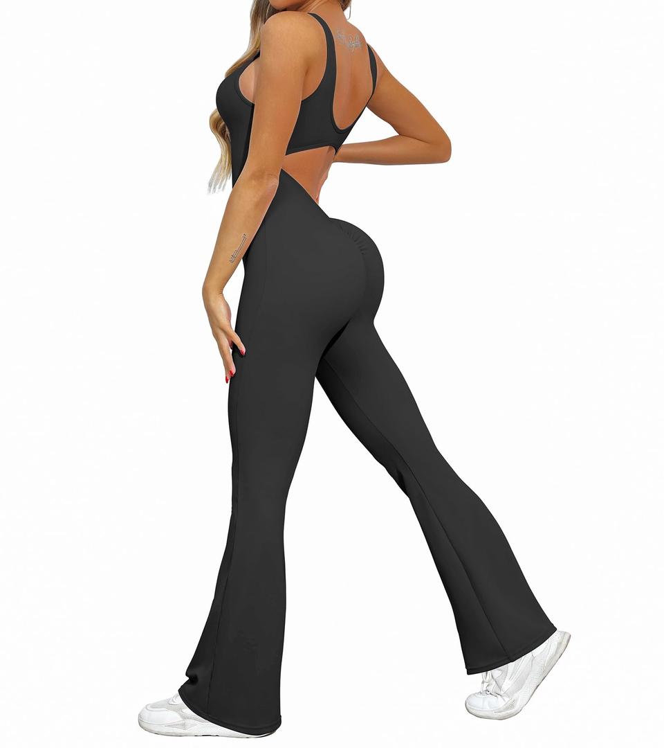 OVESPORT Workout Flare Jumpsuits Women Sexy Scrunch Butt Yoga Romper Backless Gym Bodycon V Back Seamless Unitard Playsuit Black, X-Large