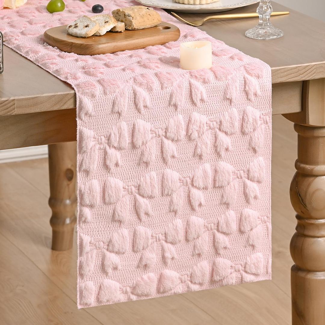 Artoid Mode Pink Soft Plush Faux Fur Jacquard Bows Table Runner, Valentine's Kitchen Dining Table Decoration for Home Party Decor 13x90 Inch