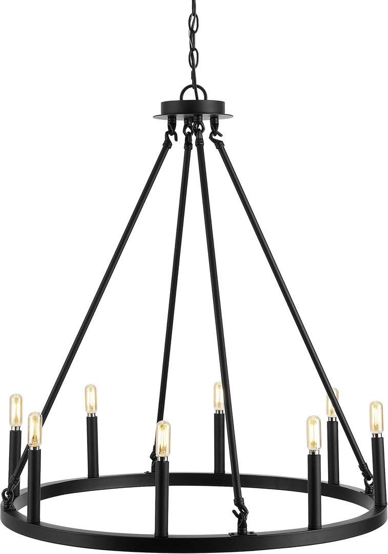 JONATHAN Y JYL7496A 28" Farmhouse Wagon Wheel Chandelier, 8-Light Rustic Industrial Chandelier for Dining Room, Kitchen Island, Foyer, Adjustable Round Metal Pendant Light Fixture, Oil Rubbed Bronze