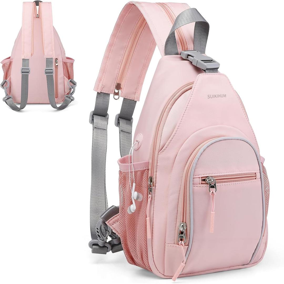 Crossbody Sling Bag with Water Bottle Holder, 8.3" Convertible Small Backpack Anti Theft Daypack, Chest Fanny Pack for Men Women, Pink