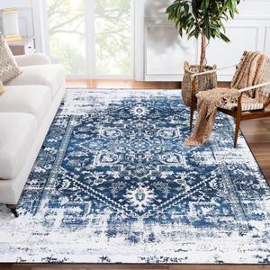 COZYLOOM Area Rug 8x10 Washable Rug Vintage Medallion Distressed Rug Non Slip Large Area Rug Low Pile Bedroom Rug Stain Resistant Living Room Rug, Navy (8 x 10 Feet)