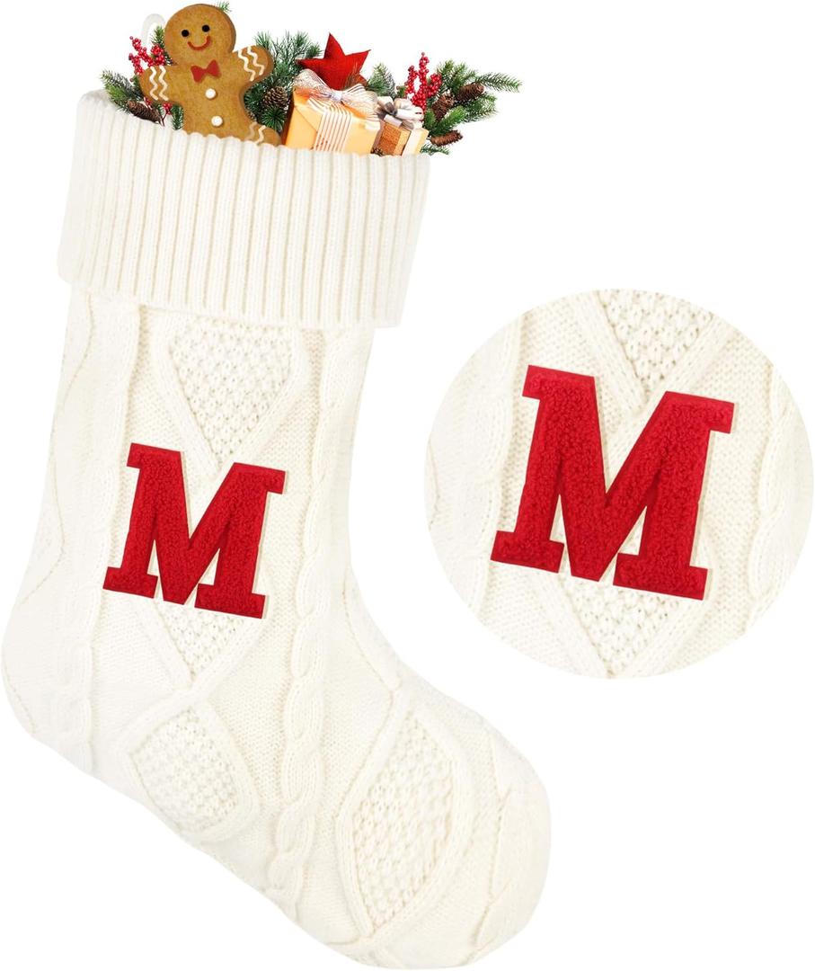 21 Inches Knitted Christmas Stockings with Initials, Large White Custom Monogram Christmas Stockings with Letter, Suitable for Xmas Holiday Party Gifts & Decoration for Fireplace (White-M)
