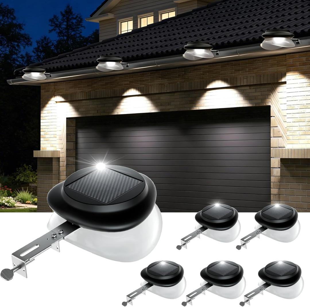 ROSHWEY Outdoor Fence Lights, 6 Pack Solar Gutter Lights with 9 LED Waterproof for Eaves Garden Garage Porch Stairs Wall 2 Installations Methods, Black Lampshade (Cool White)