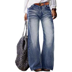 Flamingals Straight Leg Jeans for Women Ripped Raw Hem Mid Waisted Bootcut Jeans Without Belts (Small, Mid Blue Wash)