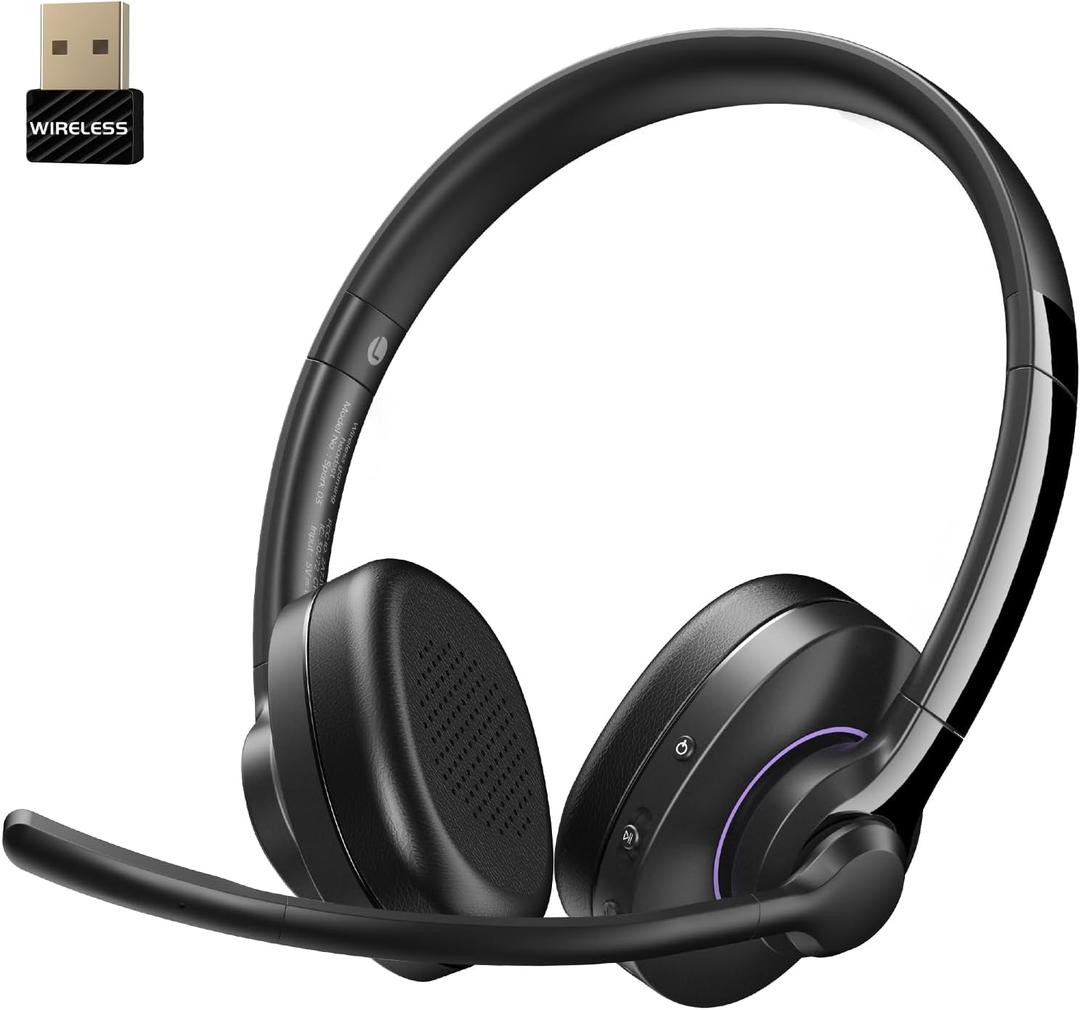 Wireless Headset with Mic for Work, Headset Wireless Bluetooth V5.3 with AI Noise Cancelling Microphone with USB Dongle & Mic Mute