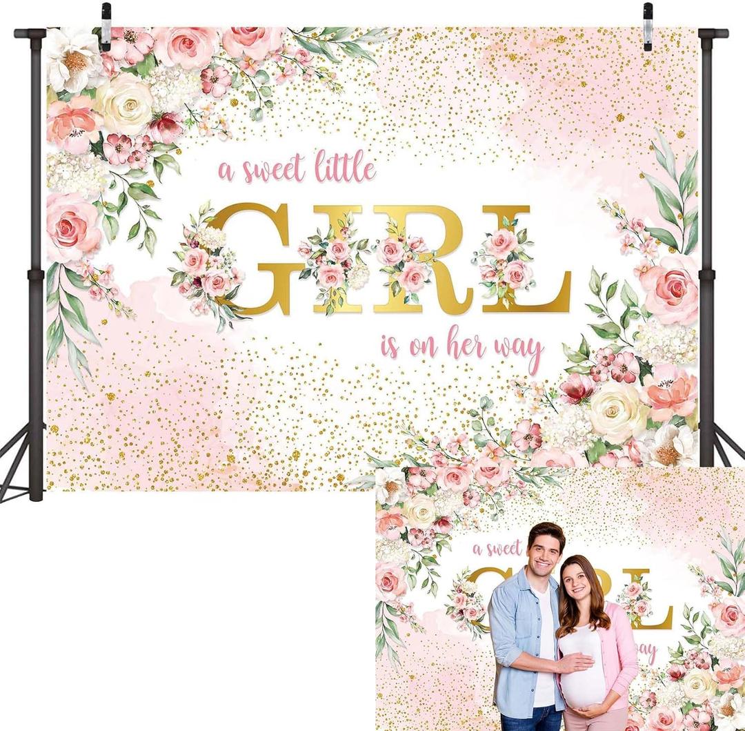 A Sweet Little Girl is on Her Way Banner Backdrop 2.1x1.5m Sweet Girl Baby Shower Photography Background Pink Floral Sweet Baby Shower Party Decorations Photo Booth Props