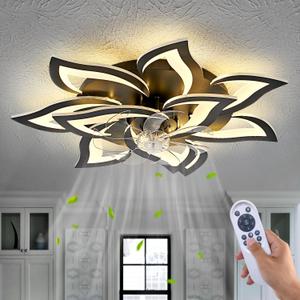 Modern Ceiling Fan with Light and Remote, Low Profile Ceiling Fans with Lights, 32 Inch Flush Mount Ceiling Fan with 3 Light Color 6 Speeds, Fandelier Ceiling Fan for Living Room, Dining Room (10 Leaves-32" black)