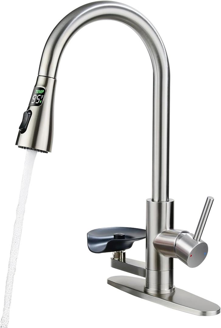 Kitchen Faucet with Glass Rinser, Pull Down Sink Faucet with 3 Spray Modes and High Pressure Glass Rinser, Temperature Display High Arc Stainless Steel Kitchen Faucets (Brushed Nickel)