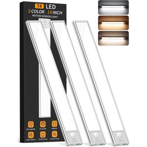 Under Cabinet Lighting Wireless, 74 LED Motion Sensor Light Indoor, 3 Color Dimmable Closet Lights Battery Operated, Rechargeable Magnetic Light, Under Counter Lights for Kitchen, Stairs, Home (3Pack)