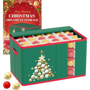 FOTSHARER Christmas Ornament Storage Box with 4 Adjustable Trays Holds up to 96 Ornaments Christmas Ornament Boxes with Dividers Ornament Organizer Storage Box Holiday Xmas Decorations Storage Bin (Green)