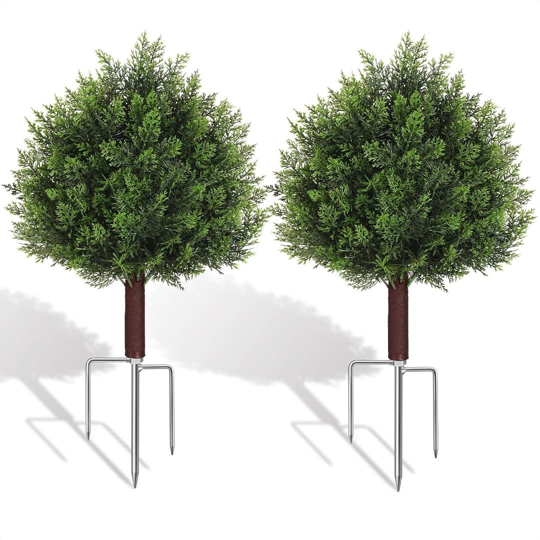Suntee Artificial Cedar Topiary Trees with Ground Spike, 2 Pack Fake Bushes Topiary Trees Artificial Outdoor, UV Resistant Evergreen Outdoor Faux Plants for Garden Front Porch Decor (18.9in+7.1in)