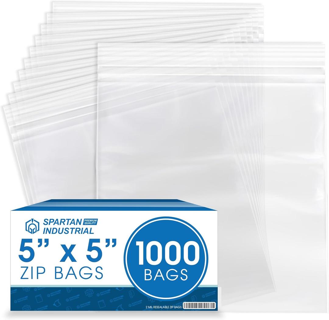 Spartan Industrial - 5 X 5 (1000 Count) 2 Mil Clear Reclosable Zip Plastic Poly Bags with Resealable Lock Seal Zipper