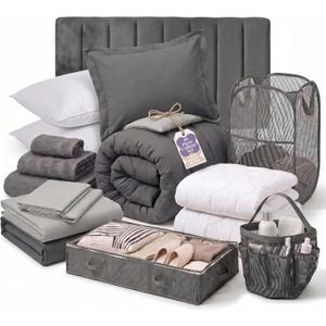 Hearth & Harbor 16 Piece Complete Dorm Room Set, Twin XL Comforter Set, Includes Sheet Set, Mattress Protector, Pillows, Headboard, Towels & Organizers - All Dorm Accessories Included, Regular Headboard