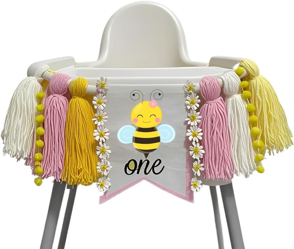Pink Bee ONE High Chair Banner Happy 1st Birthday Tassels Banner for Girl First Bee Day Fairy 1st Birthday Party Decorations