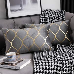 DEZENE Gold Velvet Throw Pillow Covers: 2 Pack 12x20 Inch Rectangular Decorative Pillow Cases for Bedroom Sofa Couch Living Room, Light Grey