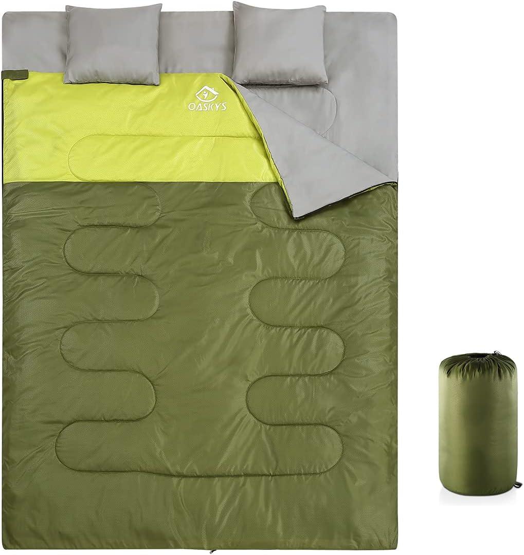 oaskys Double Sleeping Bag for Adults with 2 Pillows - Queen Size XL Waterproof Sleeping Bag for All Season Camping Hiking Backpacking 2 Person Sleeping Bags for Cold Weather & Warm (59in x 86.6", Oliver Green)