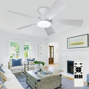 Depuley Modern Ceiling Fan with Light: 42-Inch White Small Fans for Bedroom Indoor Outdoor - Dimmable Low Profile Ceiling Fans with Remote Control Flush Mount 5 Reversible White Blades 6 Speeds Timer