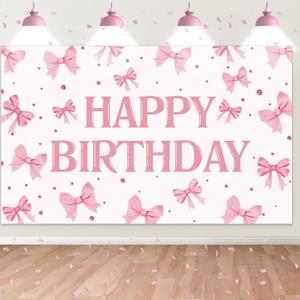 Pink Bow Birthday Backdrop,Bow Happy Birthday Banner Decorations for Girls Women Party Decor