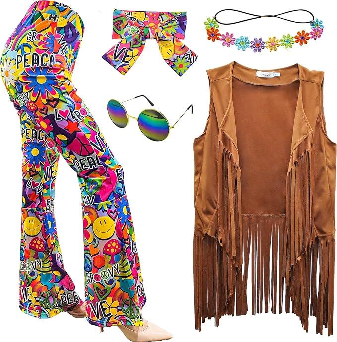 ATAMET 6 Pcs 60s 70s Hippie Costume Disco Outfits Fringe Vest Boho Bell Bottoms Peace Accessories Set Halloween for Women, Size XL, Kids
