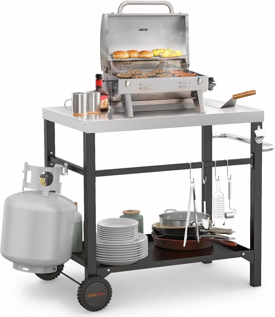 onlyfire Movable Stainless Steel Dining Cart Table, Pizza Oven Table with Propane Tank Holder, Heavy Duty Utility Cart on Wheels for Outdoor Kitchen, BBQ Grill, Patio, 33.6 x 21.7 Workstation